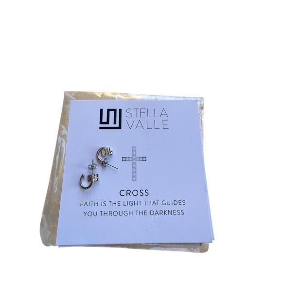 New NWT Stella Valle Silver Cross Pendant & Huggie Earrings Jewelry Set - Picture 2 of 3
